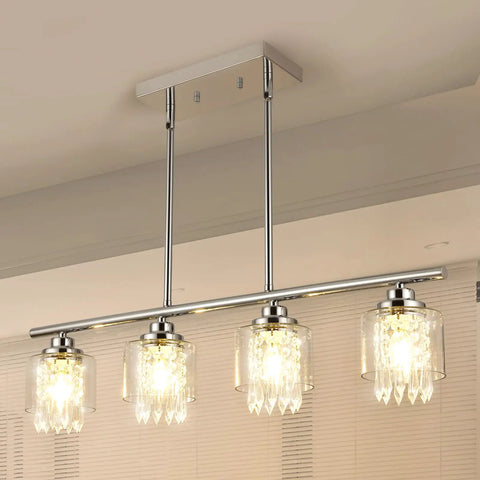 Crystal Pendant Lighting For Kitchen Island, 4 Light Dining Room Fixture With Clear Glass Shades, Elegant K9 Crystal Chandelier Vibe