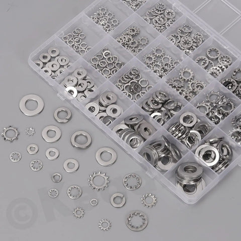 Massive 400 Piece Washer Set Kit With Split Lock Washers, External And Internal Star Washers, And Flat Washers In Sturdy 304 Stainless Steel, Imperial Sizes Six, Eight, Ten And One Quarter, Five Sixteenths, Three Eighths Inch. Assorted washers in organizer