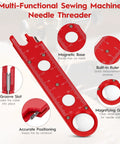 4 In 1 Automatic Sewing Needle Threader With Magnifier And Seam Guide Built In Dual Scale Ruler For Quick Threading Handy For Quilting And Alterations Includes 2 Seam Rippers In Red showing magnetic base and v-groove slot.
