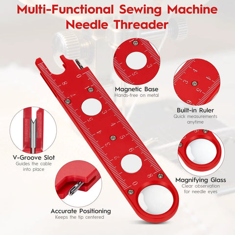 4 In 1 Automatic Sewing Needle Threader With Magnifier And Seam Guide Built In Dual Scale Ruler For Quick Threading Handy For Quilting And Alterations Includes 2 Seam Rippers In Red showing magnetic base and v-groove slot.