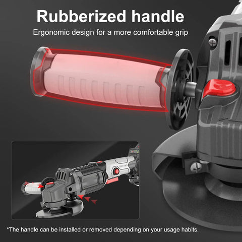 Rubberized handle of 21V Brushless Cordless Angle Grinder With 3 Speed Settings And 180 Degree Swivel Head for comfort grip.