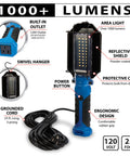 1000 Lumen LED Drop Light With Built In 120V Outlet, 25 Foot 18 Gauge Grounded Cord, Rugged Pro Grade Work Light features diagram