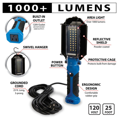 1000 Lumen LED Drop Light With Built In 120V Outlet, 25 Foot 18 Gauge Grounded Cord, Rugged Pro Grade Work Light features diagram