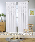 White Blackout Drapes With Handmade Ruffles And Butterfly Flower Accents, Heavy Thermal Window Curtain Set, 54 By 84 Inches, Two Panels