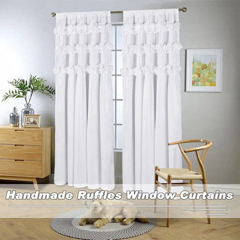 White Blackout Drapes With Handmade Ruffles And Butterfly Flower Accents, Heavy Thermal Window Curtain Set, 54 By 84 Inches, Two Panels