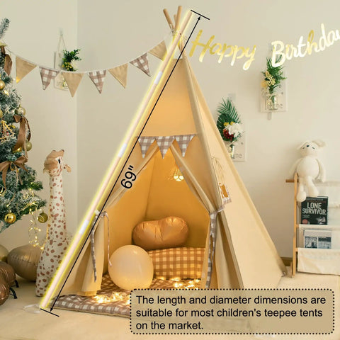 Replacement Wood Poles And Connectors For Kids Teepee Tent, 69 Inch Length, showcasing setup in a decorated playroom with giraffe toy