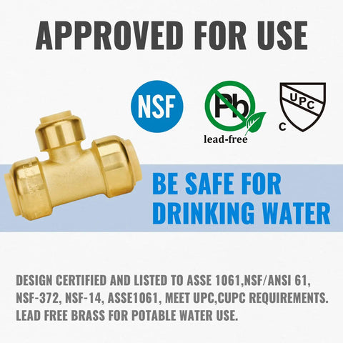 Reducing Tee Three Quarter Inch By Three Quarter Inch By Half Inch Brass Push To Connect Plumbing Fittings For PEX Copper CPVC No Lead With Two Disconnect Clips Pack Of Six
