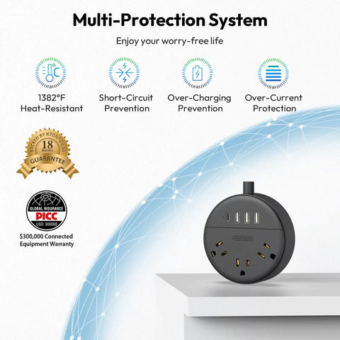 Multi-protection Ultra Flat Plug Power Strip With USB Ports And Wall Mount Space Saver 5ft Extension Cord, shown on desk