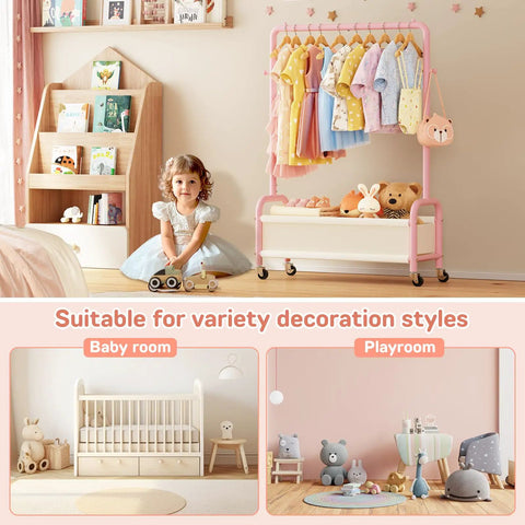 Heavy Duty Toddler Clothes Rack Featuring Open Storage Shelf Ideal For Kids Dress Up Costumes with colorful clothes and toys.