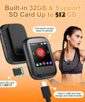 Bluetooth 5.3 Mp3 Player With Touch Screen Clip On Back Portable Kids Music Player Built In Voice Recorder FM Radio Outdoors Ready Supports Expandable Up To 512GB Earphones Included, showing touch UI and Type-C port