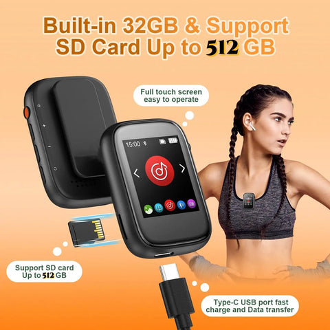 Bluetooth 5.3 Mp3 Player With Touch Screen Clip On Back Portable Kids Music Player Built In Voice Recorder FM Radio Outdoors Ready Supports Expandable Up To 512GB Earphones Included, showing touch UI and Type-C port