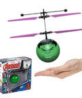 Motion Sensing Hulk Flying Orb Toy With USB Charging Marvel Licensed Indoor Outdoor Ball Drone For Kids 6 And Up Hands Free Control No Remote Safe Crash Resistant Flying Fun, with purple rotors and box packaging.