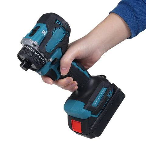 Heavy Duty 21V Cordless Drill With Brushless Motor And 55Nm Torque held in hand, showcasing its robust design and battery.