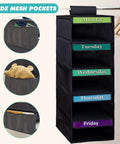 Multipurpose Hanging Closet Rack With Five Built In Dividers Weekly Garment Sorter Space Saving Home Organizer, black fabric with mesh pockets.