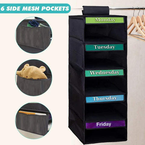 Multipurpose Hanging Closet Rack With Five Built In Dividers Weekly Garment Sorter Space Saving Home Organizer, black fabric with mesh pockets.