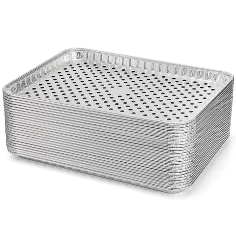 Stack of 25 Pack Disposable Aluminum Grill Pans For Outdoor Cooking And Camping Large 16 By 12 Inch Aluminum Trays With Holes