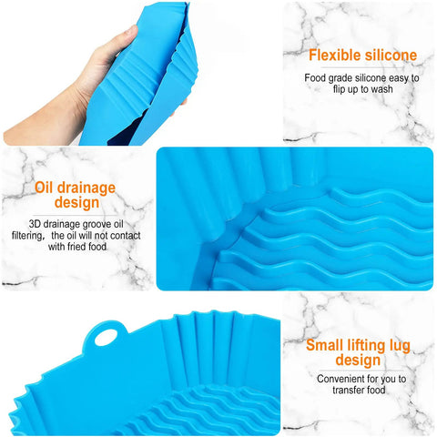Two Pack 8 Inch Square Silicone Air Fryer Liners Reusable Inserts For 4 To 7 Qt Ovens Thick 67 Mil Food Grade Silicone Blue Design