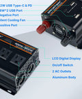 No Sweat 400 Watt 12V To 110V Power Inverter With 800W Peak Muscle, Dual AC Outlets, Three USB Plugs showcasing ports and cooling fan.