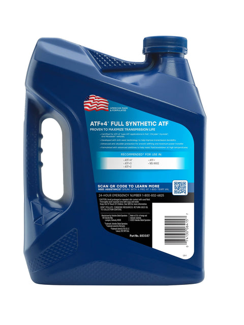 ATF 4 Full Synthetic Automatic Transmission Fluid One Gallon For Chrysler Dodge Ram And Other Stellantis Rigs With Seal Protection, Reduced Wear, Anti Foaming And Oxidation Control. Blue plastic jug front label view