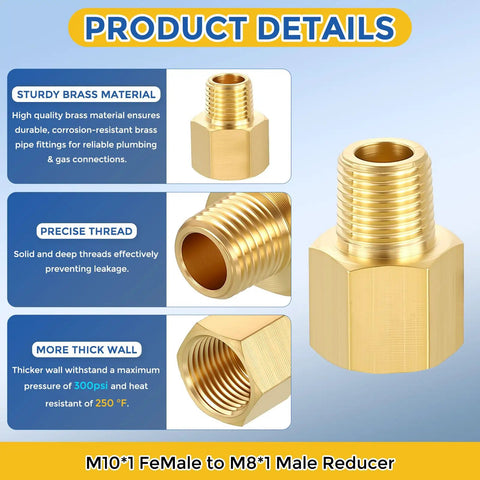 Brass Pipe Fittings Reducing Adapter M10 Female To M8 Male Connector for Air Oil and LP Systems, 1 Pack