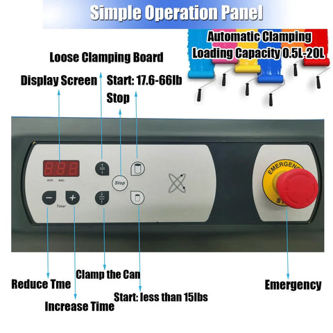 Automatic Paint Shaker Mixer 110V Rotary With Auto Clamping 750W Motor 0.5L To 20L Capacity control panel and emergency stop button