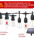 Incorrect usage of 30 Pack S14 Edison String Light Bulbs For Outdoor Use with solar and 2-pin S14 bulbs shown in diagram.