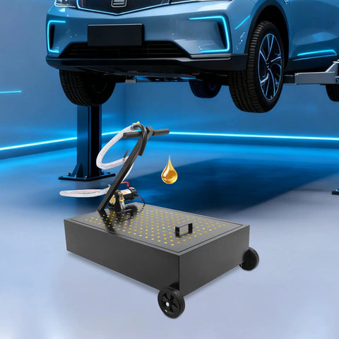 Cool Electric Oil Drain Pan With Pump And Hose For Cars Trucks Rvs, 20 Gal Steel Cart On Wheels, showing pumping setup.