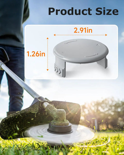 4 Pack Replacement Spool Cap For Ryobi Weed Eater And String Trimmers AC14HCA with dimensions shown, grass trimming in action