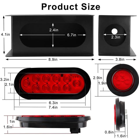 Heavy Duty Steel Trailer Light Box Housing Kit With 6 Inch Oval Red LED Taillights And 2 Inch Round Red Marker Lamps dimensions