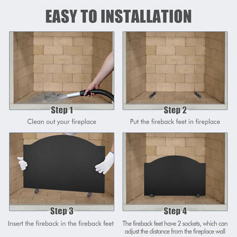 Installation guide for 26 Inch Iron Fireback With Feet For Fireplace Wall Protection And Heat Reflection, Matte Black 8mm Thick Fireback.