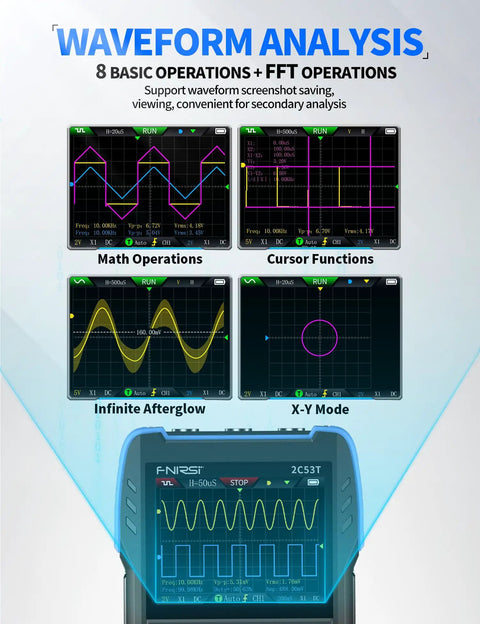Waveform analysis display on handheld oscilloscope with math operations and XY mode, Upgraded Handheld Oscilloscope With Multimeter And DDS Generator, 50 MHz Bandwidth, 250 MSa Sampling, 19999 Counts, Dual Channel, XY Persistence, Math Operations, Cursor Measurements, For Voltage, Current, Capacitance, Resistance, Diode Tests