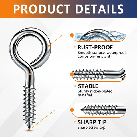 Heavy Duty Zinc Plated Eye Screws For Wood with sharp tip, stable design, and rust-proof finish in detailed image.