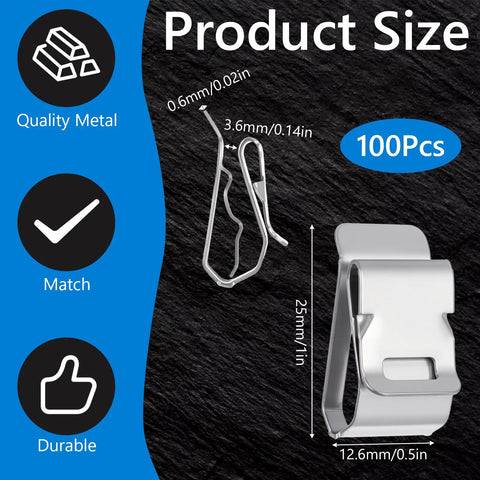 100 Pack Stainless Steel S Cable Clips For Solar Panels Rv Trailers And Boats Heavy Duty Double Wire Organizers Rock Solid Grip Keep Your Rig Tight Silver Metallic Finish product size illustration with dimensions shown