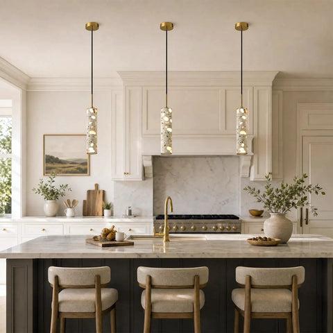Modern Cement Pendant Lights, Hanging Lamp for Kitchen Island, 6000K, 2 Pack, featuring gold accents and translucent shades.