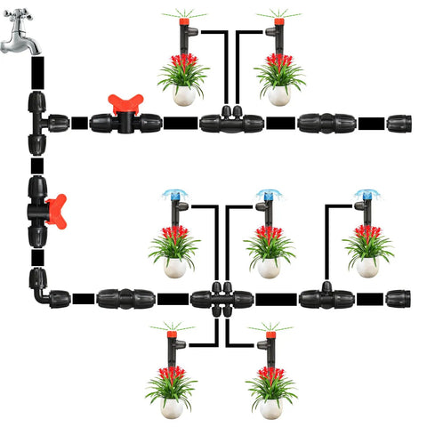 Garden irrigation setup using 50 Pack Drip Emitters With Stakes For 1/4 Inch Tubing Adjustable 360 Degree Water Flow Universal Sprayers