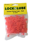 LockNLUBE grease fitting caps, red, 50 caps, front view of yellow packaging