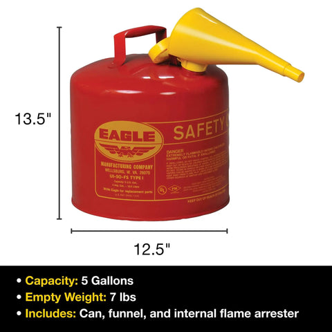 Built Tough 5 Gallon Red Type I Safety Gas Can Featuring Spill Proof Self Closing Cap And Quick Fill Funnel For Rock Solid Gasoline Storage And Hassle Free Transfers