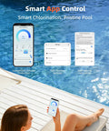 Person using WiFi app control on phone beside pool, managing Salt Chlorine Generator for 25000 Gallon Pools With WiFi App Control.
