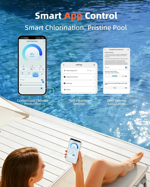 Person using WiFi app control on phone beside pool, managing Salt Chlorine Generator for 25000 Gallon Pools With WiFi App Control.