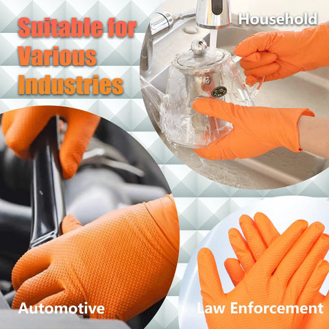 GP CRAFT orange nitrile gloves with diamond grip, 8mil, heavy-duty; XL, 100-count, automotive use.