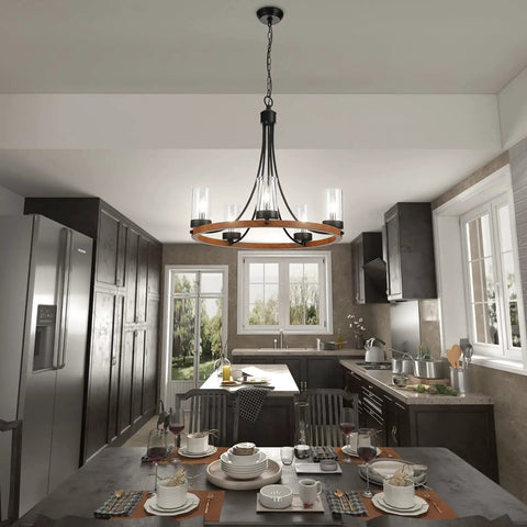 Five Light Wagon Wheel Farmhouse Chandelier Pendant Ceiling Light With Round Wood Finish, E12 Base, Clear Glass, above dining table