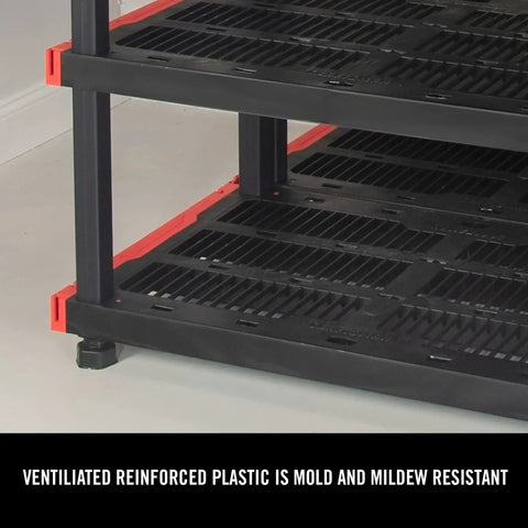 Heavy Duty Four Tier Plastic Storage Shelves For Garage Organization Built Tough With Ample Space Easy Setup Indoors Or Out Handles Twenty Gallon Bins No Sweat Total Knockout Straight Up Winner For Neat Spaces Any Day