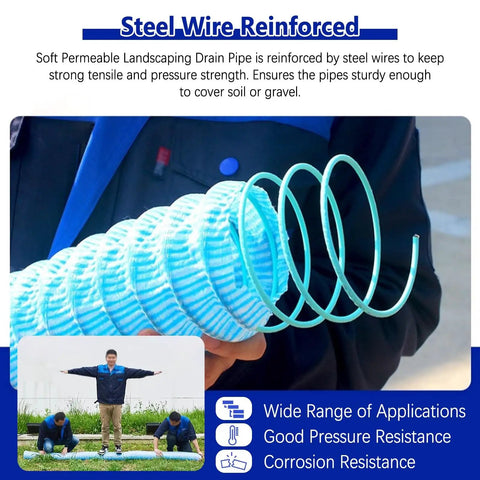 Person holding French Drain Pipe Infiltration System with Flexible Perforated Drainage Tube for Yard Garden Lawn and Patio Easy to Install Extendable Length Underground Drain 25 Feet, showing coiled design and steel wire reinforcement.