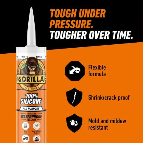 Gorilla 100% silicone sealant cartridge, 10 oz, white; front view with Gorilla logo label