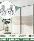 Sliding Closet Door Roller Set For Wardrobes Replacement Rollers Hardware Kit In Silver Eight Piece Pack Quiet Operation And Smooth Glide Durable Wardrobe Sliding Track Wheel System For Easy Low Noise Door Movement in a modern living room with sliding doors.