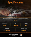 High Torque Mini Starter specifications for Chevy Small Block and Big Block V8, showing compression ratio, rotation, power, voltage, starter type.