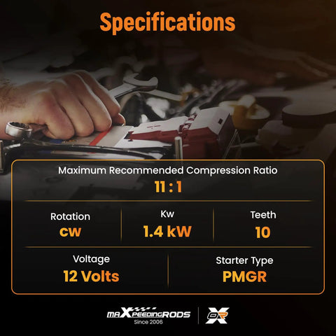 High Torque Mini Starter specifications for Chevy Small Block and Big Block V8, showing compression ratio, rotation, power, voltage, starter type.