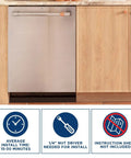 Built-in dishwasher with installation time icons and tools, related to Dishwasher Flood Switch And Thermistor Assembly WD21X10519.