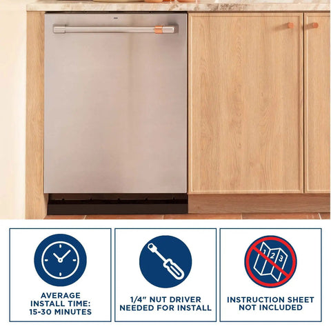 Built-in dishwasher with installation time icons and tools, related to Dishwasher Flood Switch And Thermistor Assembly WD21X10519.