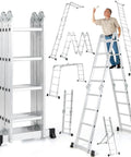7 In 1 Folding Ladder With 15 Foot Reach Aluminum Construction For Indoor And Outdoor Use Multi Position A Frame Scaffold Stairway Platform Overhang M Shape Non Slip Feet Safety Lock Heavy Duty Frame 330 Pound Capacity in multiple positions, aluminum folding ladder shown open, scaffold, and A-frame